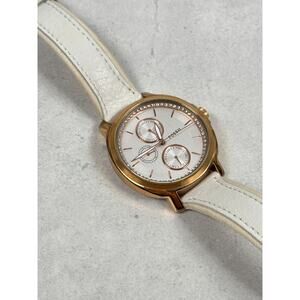 Fossil Watch Womens 39mm Day Date Chelsey Gold Tone White Band New Battery